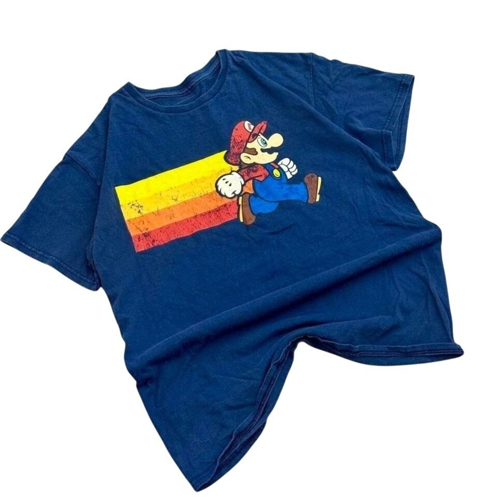 Nintendo Super Mario Bros Kids Navy Blue Graphic T-Shirt Size M Retro Running